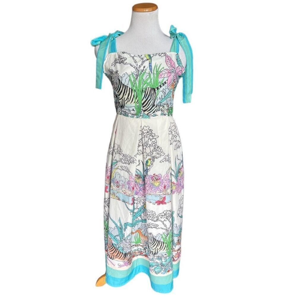 Womens Fashion Classic Collection Whimsical Tiger Smocked Tie Shoulder Dress - L
